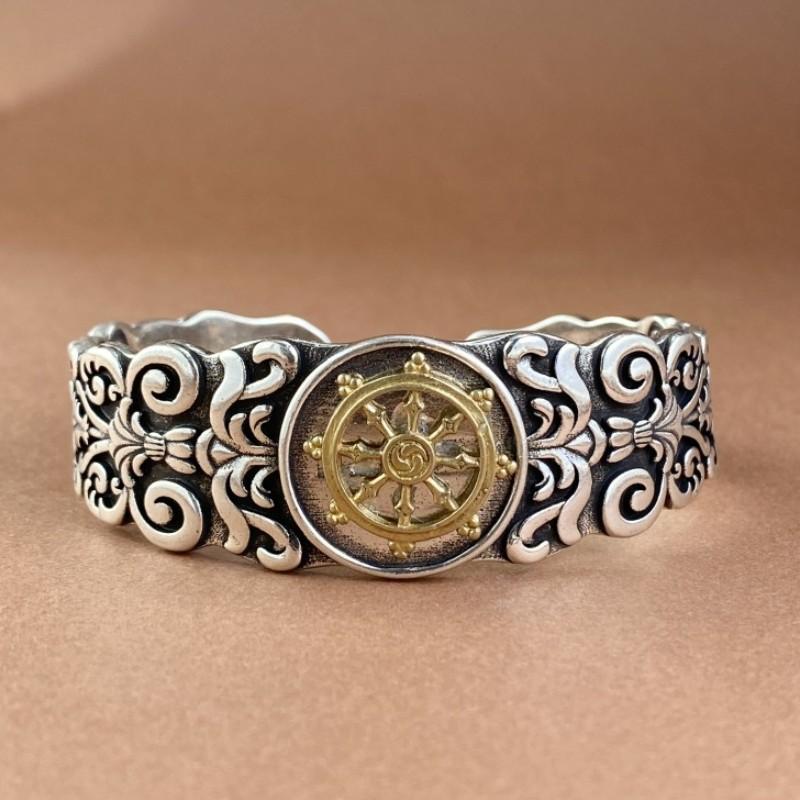 New Retro Tang Grass Flower Wheel Rudder Bracelet with Open Mouth Men's Large Fashion Bracelet