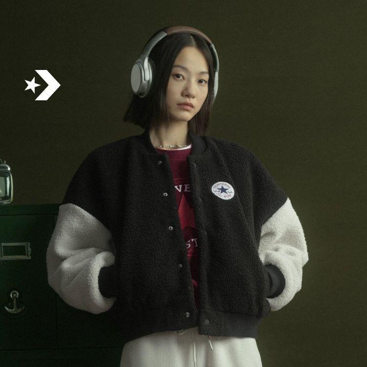 (WMNS) Converse Sherpa Varsity Jacket Asia Sizing 'Black White' Women's 10025206-A01