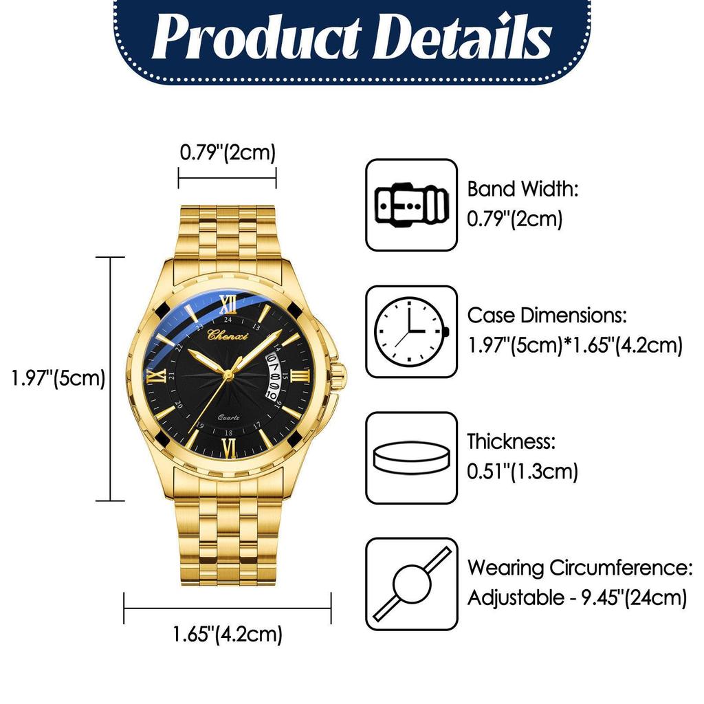 Watch Men Stainless Steel Calendar Gold 3ATM Water Resistant Luminous Analog Display Simple Fashion Quartz Watch Men Fashion Accessory - Birthday