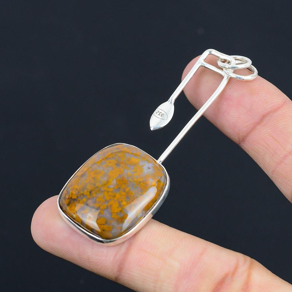 Sterling Silver Radiant Plume Agate Gemstone Art Deco Mother Engagement Pendant