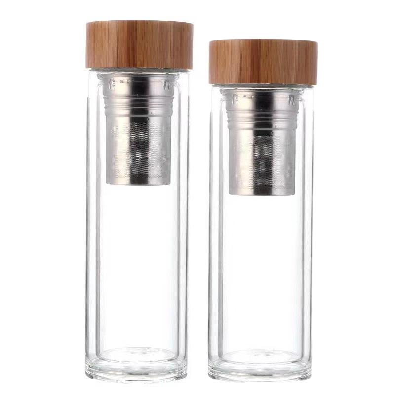 

450ml 500ml Travel Glass Water Bottle with Stainless Steel Tea Infuser Filter Double Wall Glass Bottle Tumbler Bamboo Lid 450ml