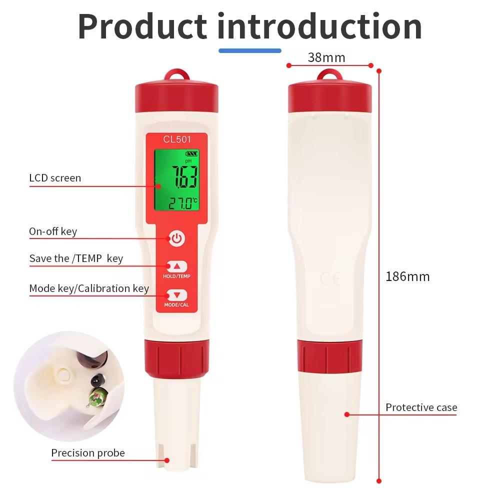 5 In 1 Chlorine Meter PH/CL2/H2/ORP/Temperature Meter Water Quality Tester for Pools Drinking Water Aquarium Aquaculture
