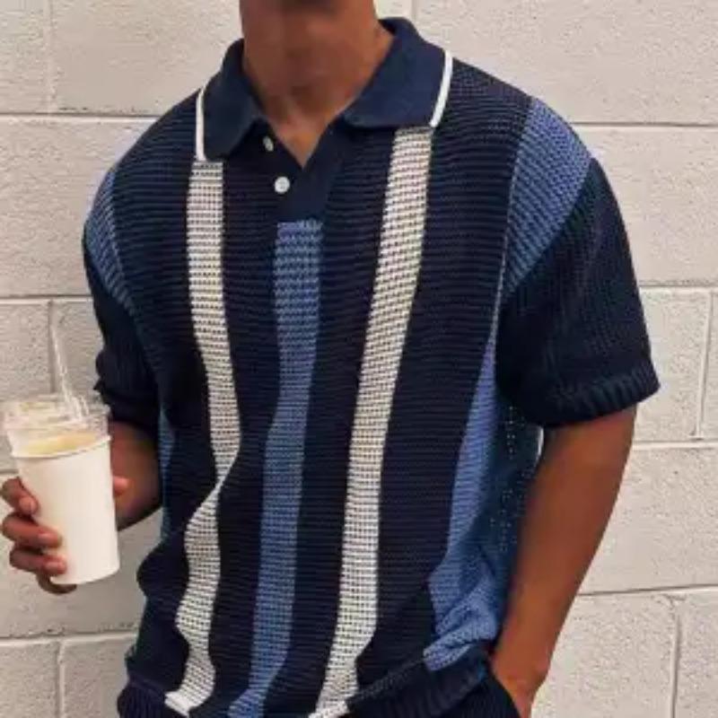 Летняя мужская вязаная полоска с цветовыми блоками, короткий рукав, воротник-поло, повседневная футболка M