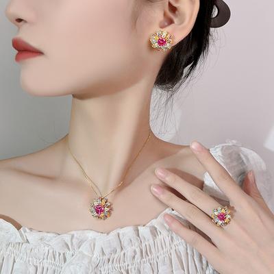 Halskette Ring Ohrringe Schmuckset Weiblich Farbe Schatz Gänseblümchen Design Rosarot Schmuck Leichter Luxus