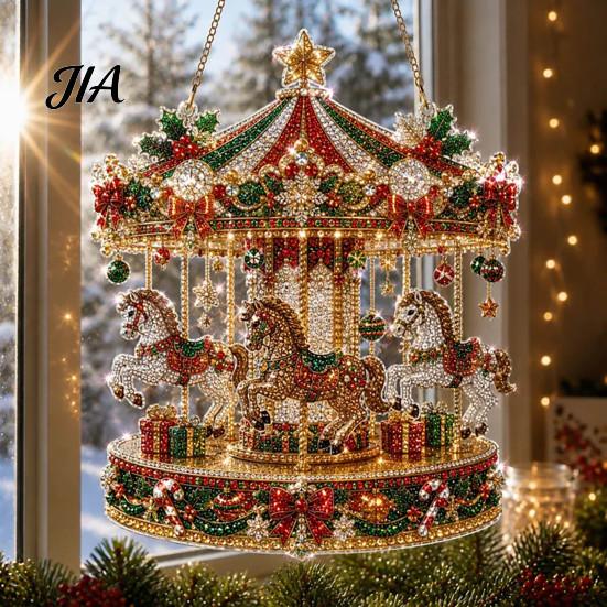 Decorative Acrylic Craft Christmas Faux Diamond Art Suncatcher, 2D Flat Window Hanging Ornament, Seasonal Home Accents Beaded Pattern Holiday