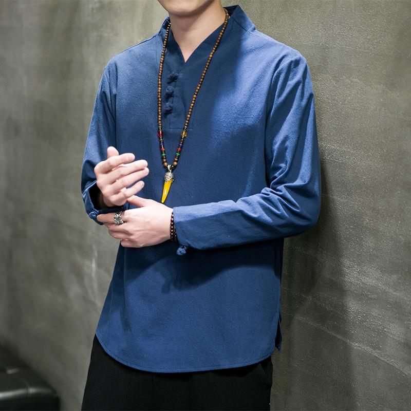 2025 Chinese Style Mens Shirts Fashion V-neck Long Sleeve T-shirt Men Harajuku Shirts Male Japanese Kimono Shirt