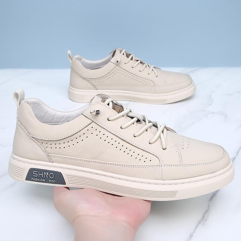 

New first-layer cowhide men s casual shoes, little white shoes, soft leather and soft soles, trendy versatile leather board shoes 2025 direct sales 44 бежевый