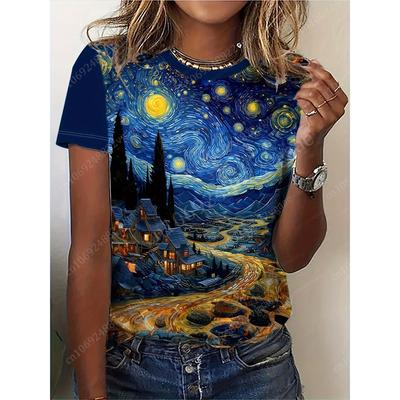 The Starry Night Tričko Van Gogh Léto Ženy Tričko s výstřihem 3D tisk Krátký rukáv Top Vintage oblečení Nadměrná trička