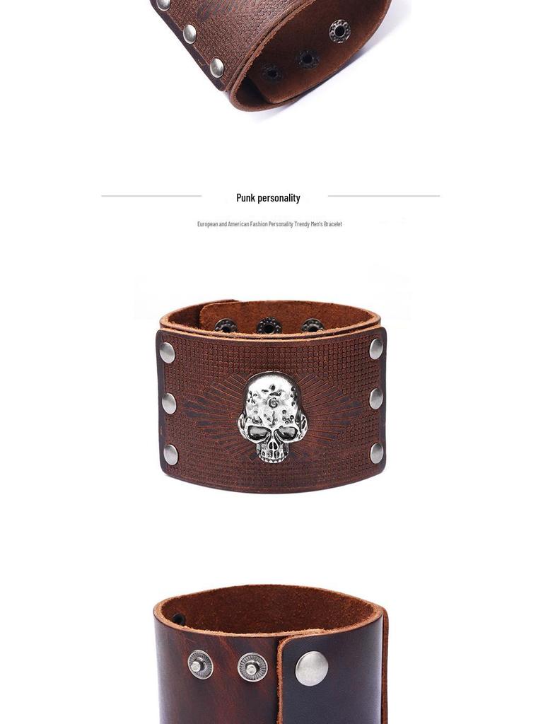 2024 Men's Cowhide Skull Bracelet: European & American Style, Wide Leather Design