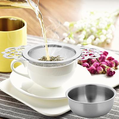 Teesieb aus Edelstahl Doppellagiges Feinmaschiges Teesieb Teeblatt-Sieb mit Abtropfschalen Teeblattfilter Tee-Set Werkzeug