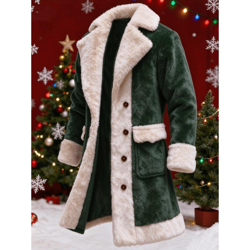 Christmas Faux Fur Collar Men Long Winter Jacket Plush Fleece Lined Splicing Thick Warm Wind Resistant Casual Overcoat Outer