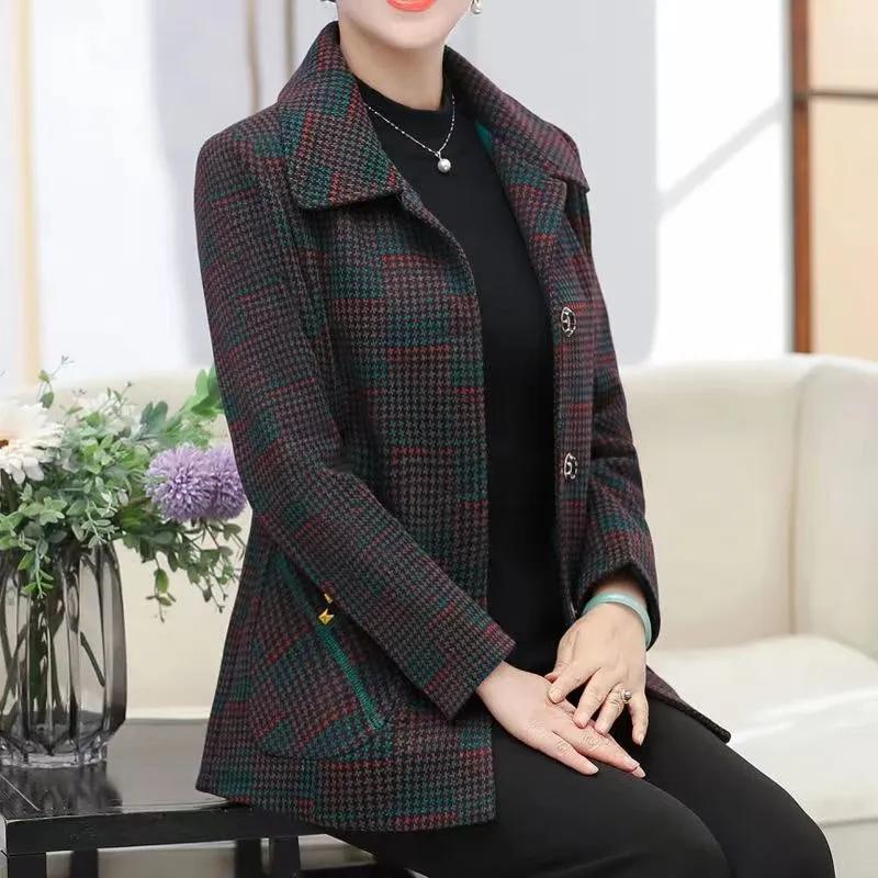 

Women s Spring Autumn Lining Plaid Jacket Grandma Buttons Casual Outerwear Loose Female Tops M