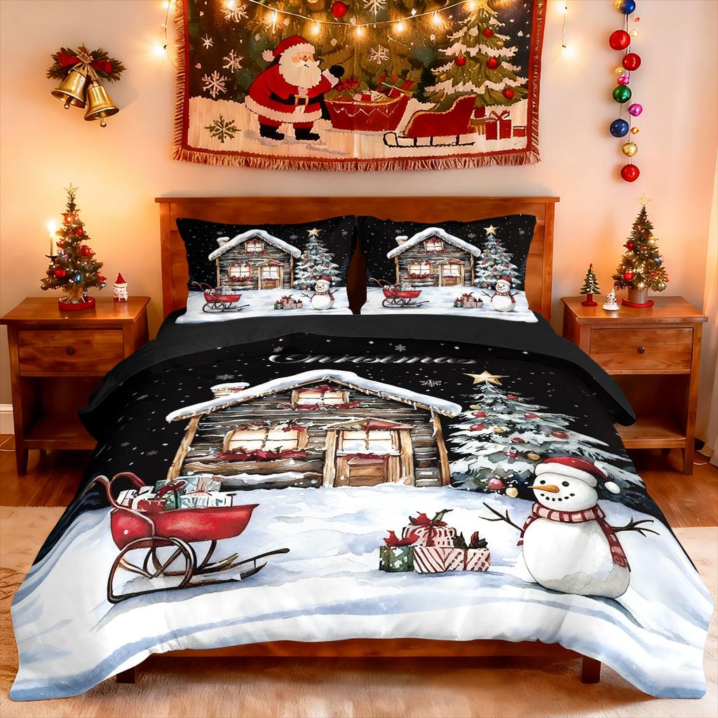 3pcs Christmas cottage print coreless duvet set multi size bedroom bedding holiday decoration soft  machine washable
