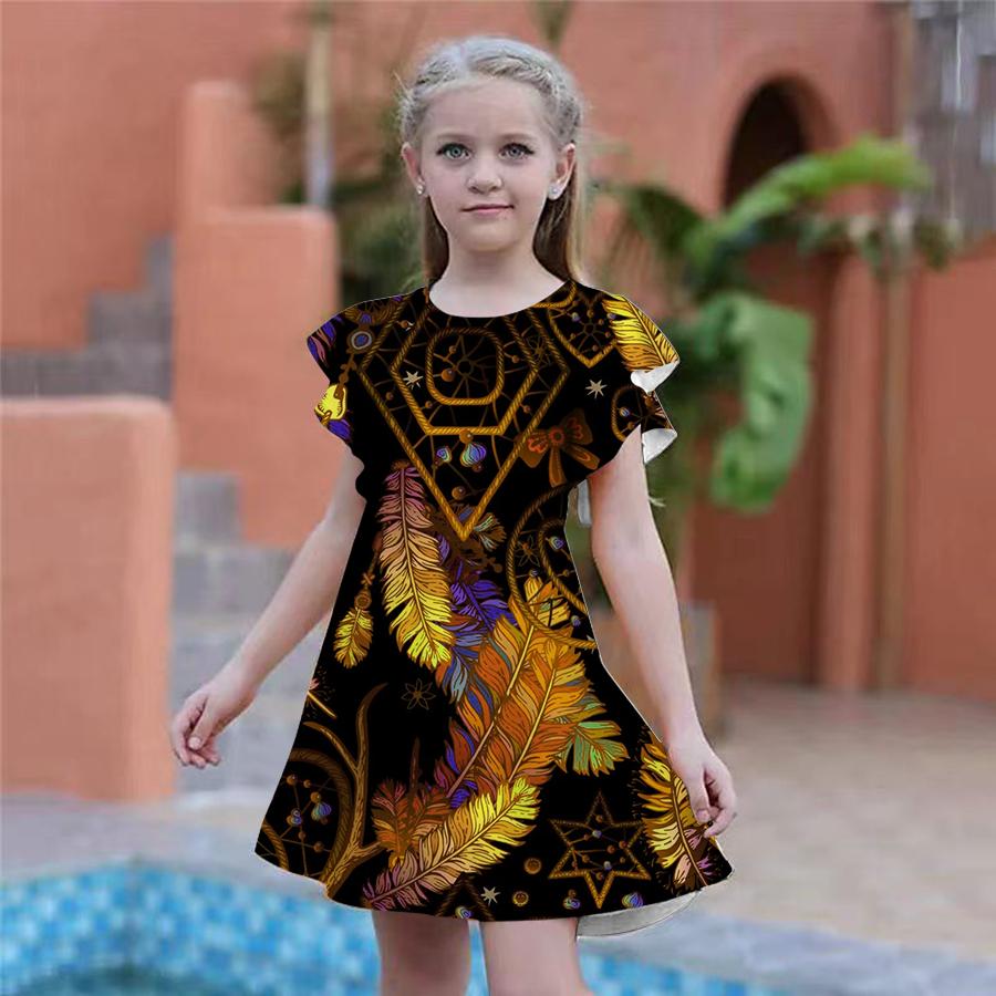Girls Blue Shiny Feather Print Dresses Kids Girl Party Dress Loose Fitting Loose Fitting Short Sleeved Skirt For Girls Over Four Years Old