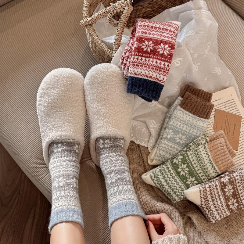 Calcetines de Lana Gruesa con Forro de Forro Polar para Mujer - Diseño de Copo de Nieve Fair Isle