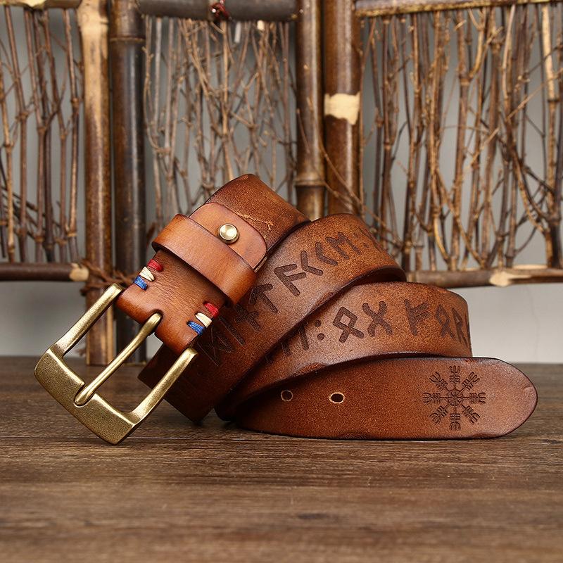 Belt Men's Retro Personalized Trendy Laser Engraving Genuine Cattlehide Leather Surface Brass Buckle Men's Jeans Belt Men's