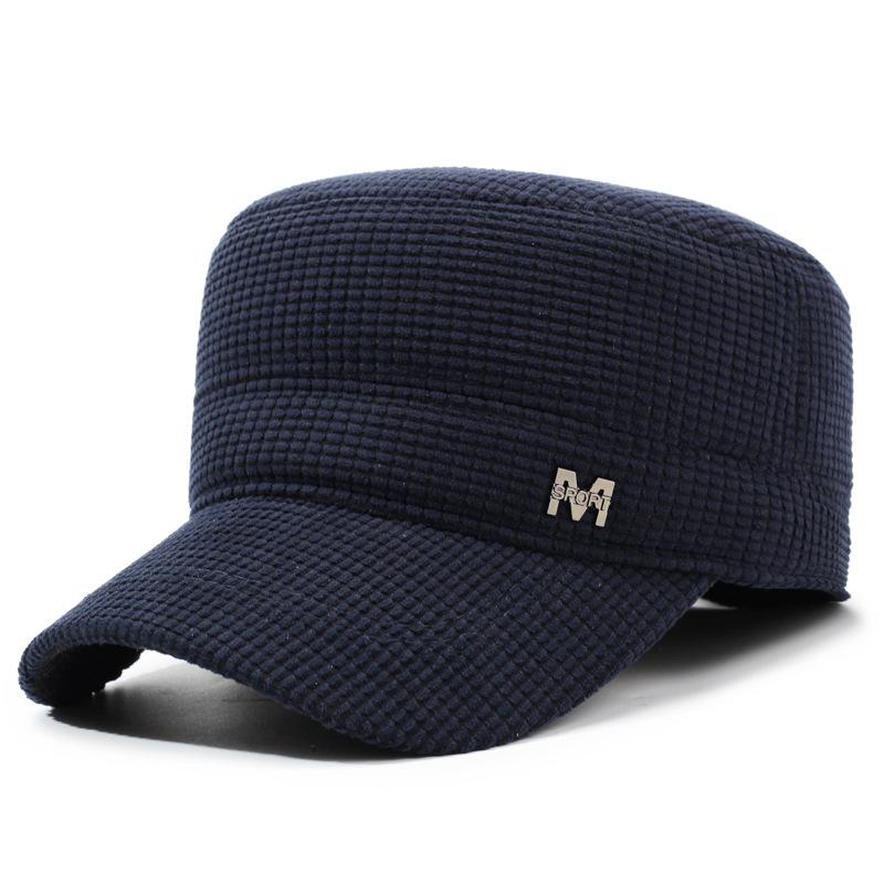 

Autumn Winter Men s Hat Velvet Thick Ear Protection Flat Hat for Middle-Aged Elderly Outdoor Warm Cotton Hat темно-синий