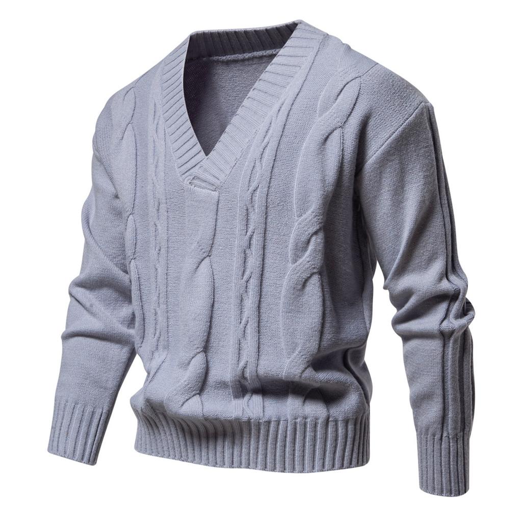 Men's Long-sleeved Thickened Jacquard Sweater Autumn and Winter Men's V-neck Solid Color Sweater