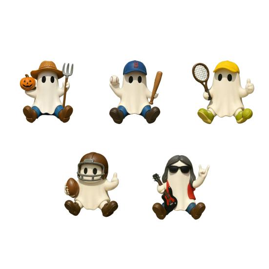 Halloween Character Ghost Figurine Cute Rugby Tennis Baseball Ghost Sculpture Resin Ghost Statue Tabletop Ornament for Home Party Indoor Outdoor Decor
