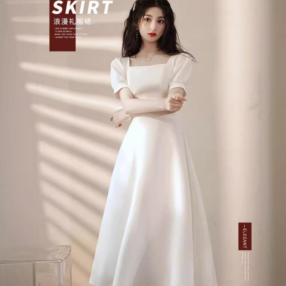 High-end sense small woman small white dress license marriage registration small dress daily wear simple medium and long dress