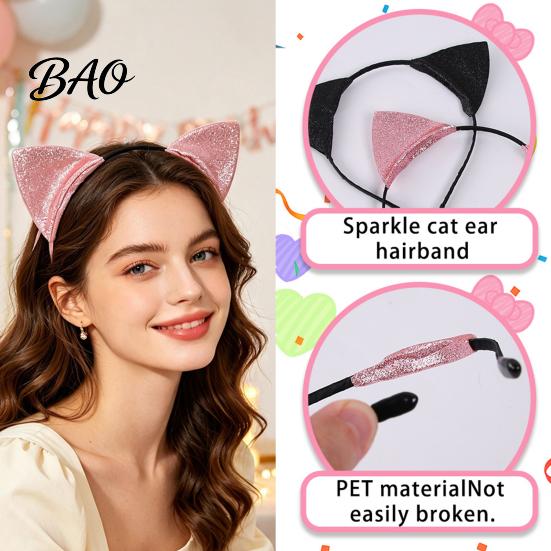 Cat Ear Headband Furry Ears for Women, Glitter Hair Flexible Band Costume Accessory Halloween Cosplay Party And Masquerade Events Comfortable