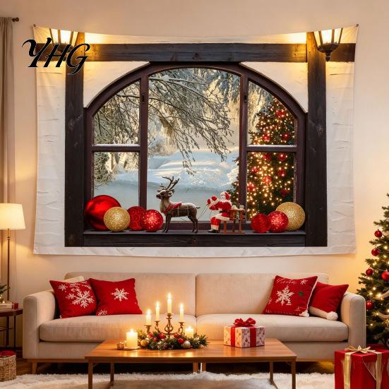 Festive Home Decor Tapestry Christmas Tapestry, Winter Snow Scene Backdrop, Xmas Tree Fireplace Decorative Fabric for Wall Hanging Bedroom Living Room