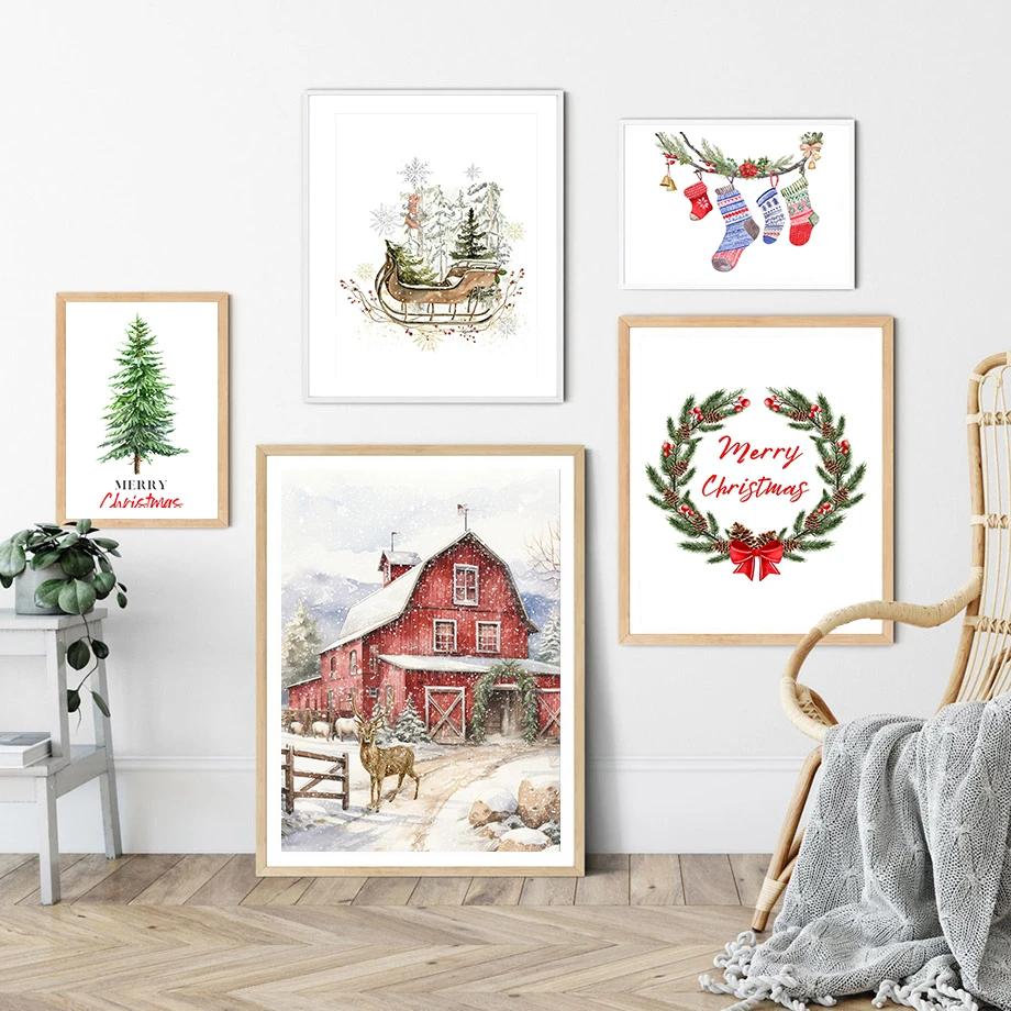 Retro Reindeer Sleigh Christmas Tree Canvas Print Christmas Socks Christmas Wall Art Poster for Modern Nordic Home Decor Gifts