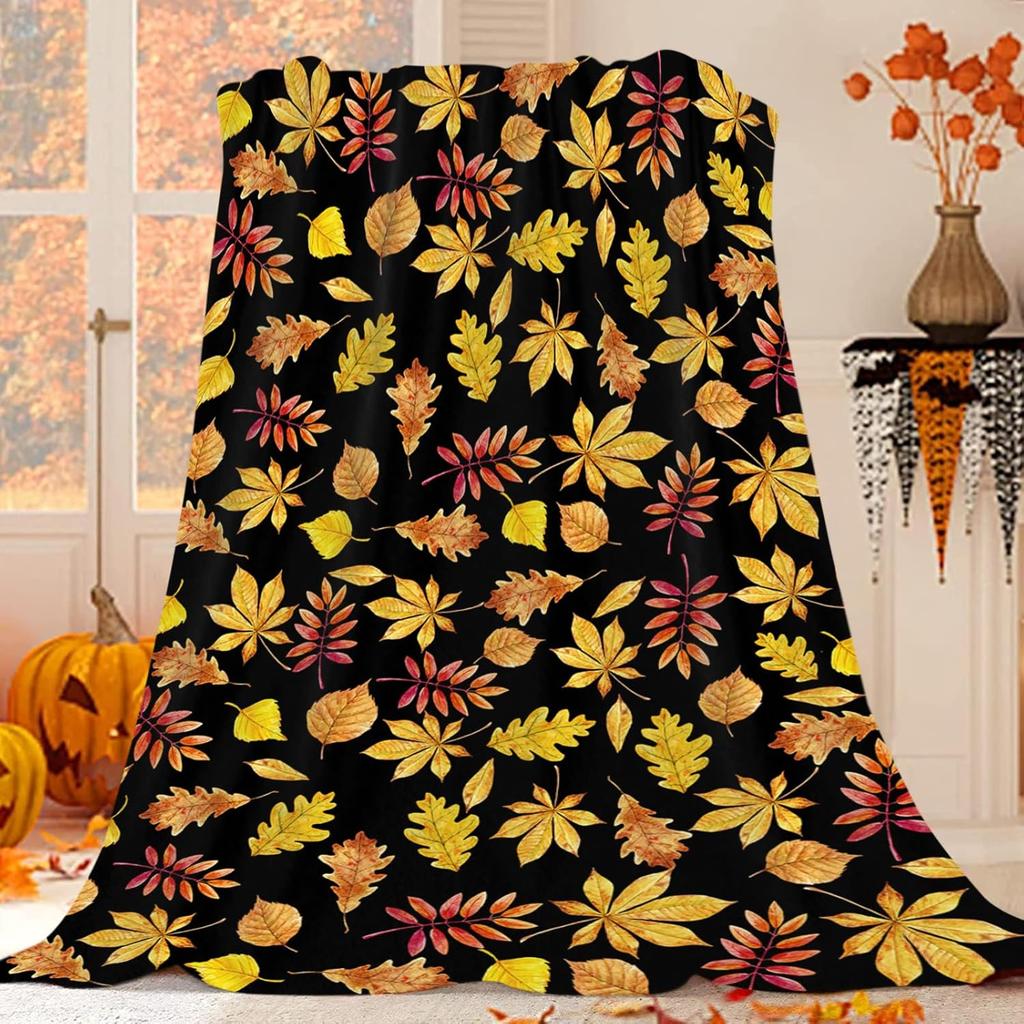 Harvest Autumn Throw Blanket Pumpkin Farmhouse Fallen Leaves Blanket Cozy Soft Lightweight Flannel Plush Blankets for Bed Couch