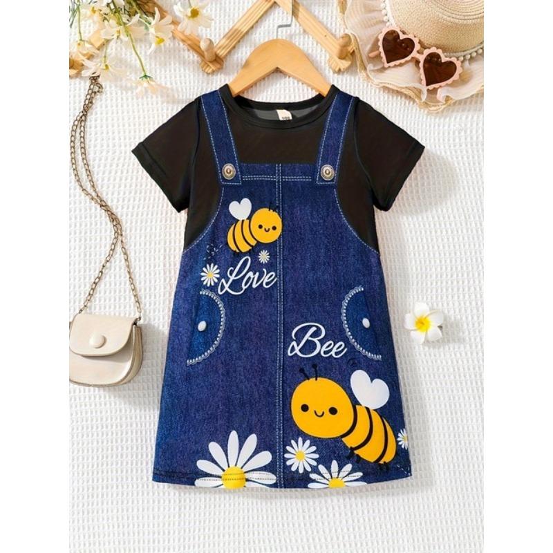 Funny Strap Print Girl Clothes Children Dresses Summer Kids Clothes Round Neck Streetwear Girl Dresses Cartoon Cute Girl Outfits