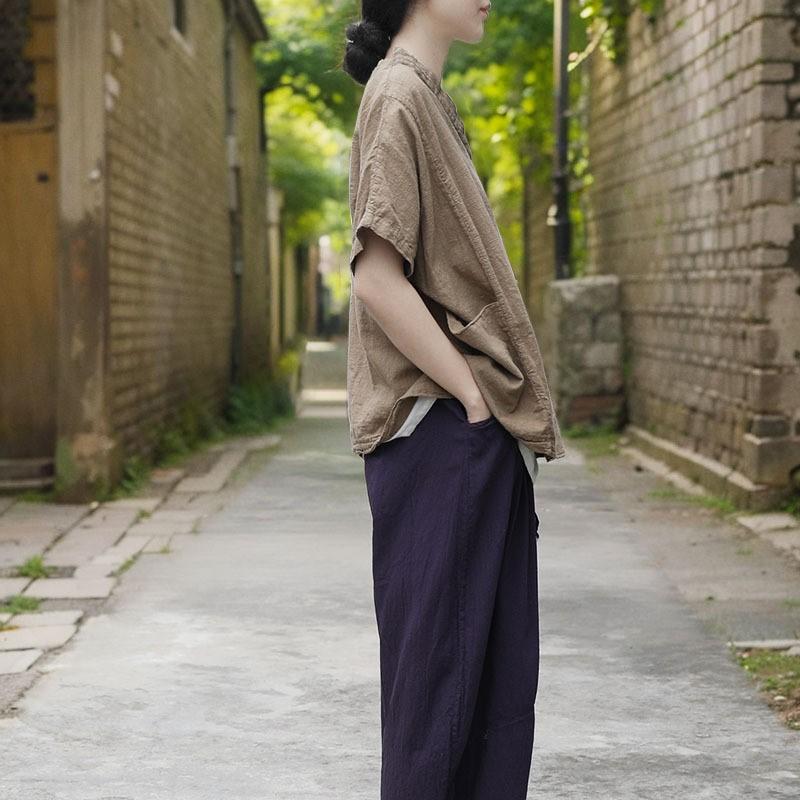 Johnature Women Vintage Bloomers Pants Elastic Waist Blet Solid Color Spring Loose Women Casual Pants