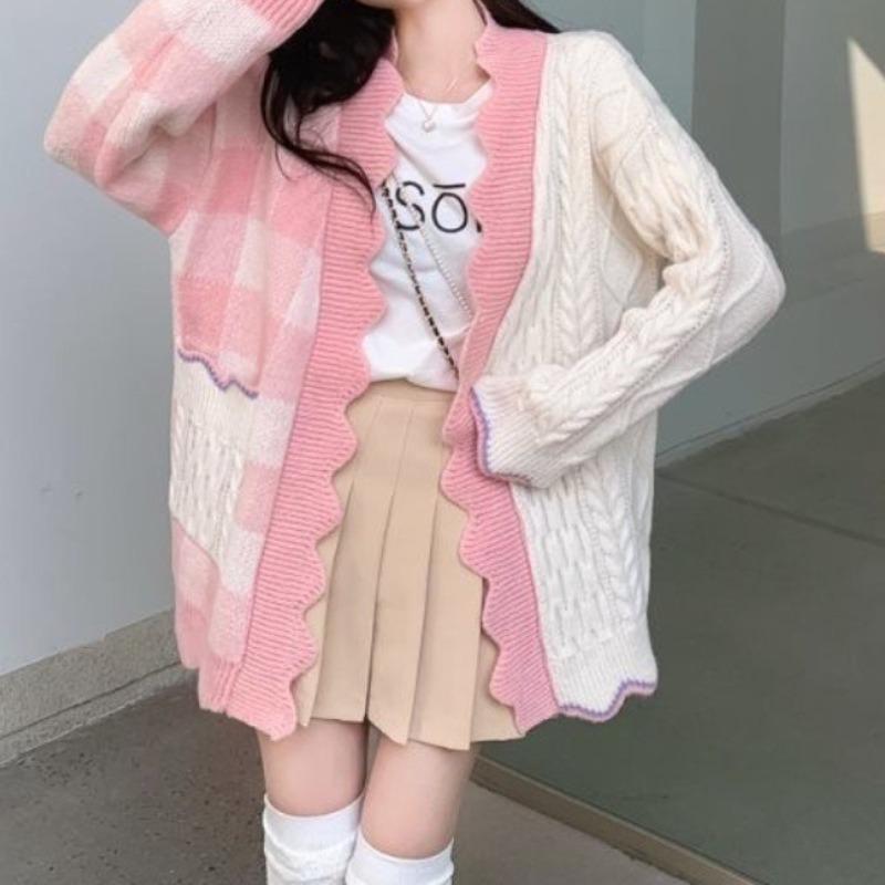 

Весенне-осенний новый свободный нишевый супер фея контрастного цвета топ с длинным рукавом ленивый ветер контрастного цвета клетчатый вязаный кардиган женский average size