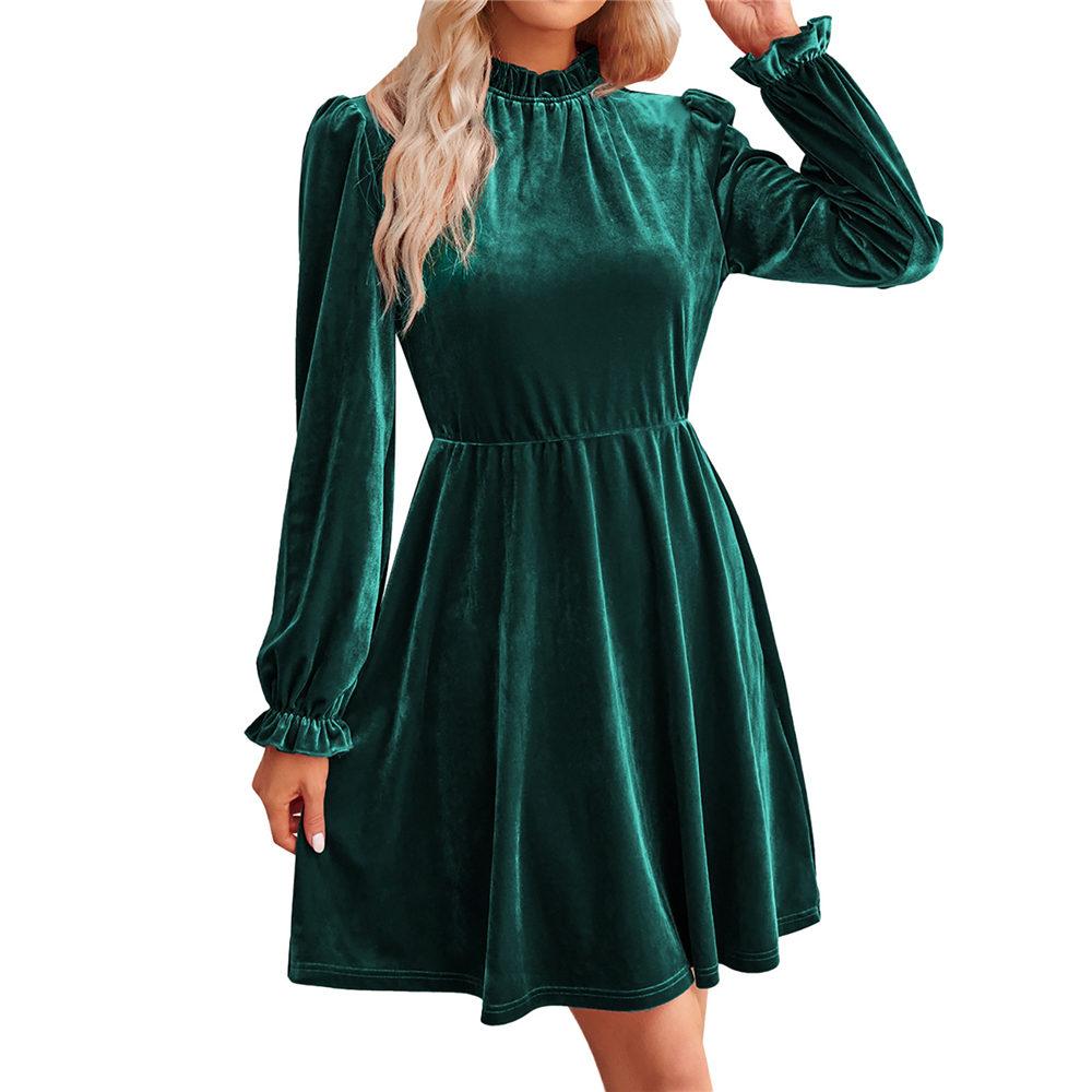 Samtkleid für Damen Winter Casual Hoher Hals Samt Einfarbig Schlanke Taille Kleid Herbst Winter Promi Partykleider