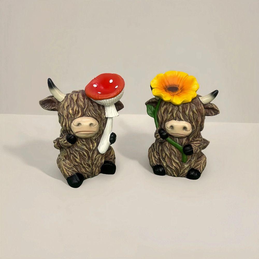 Cute Cow Statue Adorable Animal Sculpture Ornament Crafts Highland Yak Sign Figurine  Garden