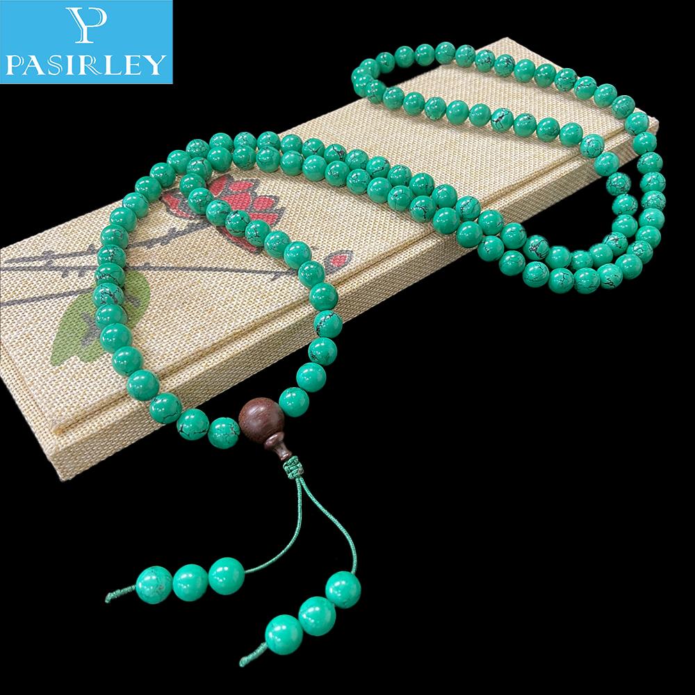 LANGYUE Handcrafted 10mm Synthetic Turquoise Heart-Shaped Buddha Beads 108 Beads Bracelet-Trendy Party Meditation Tassel