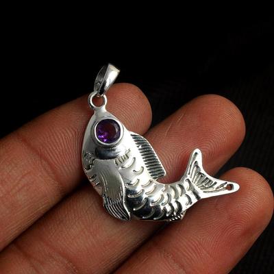 Amethyst Fish Pendant, Silver Charm Jewelry, 925 Sterling Silver, Fashion Jewelry, Solid Pendant