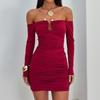 One-word Shoulder Sexy Backless Long-sleeved Hip-wrapped Dress for Women Ins European and American New Spice Girls Short Skirt
