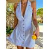 Summer Halter Strap Bow Striped Beach Shirt Dress Single-row Button Printed Backless A-shaped Sexy Suspender Party Dress Slim Mini Dress for Women