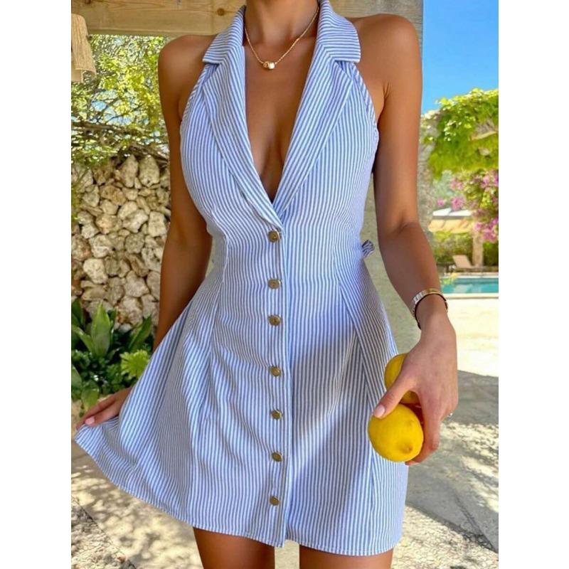 Summer Halter Strap Bow Striped Beach Shirt Dress Single-row Button Printed Backless A-shaped Sexy Suspender Party Dress Slim Mini Dress for Women