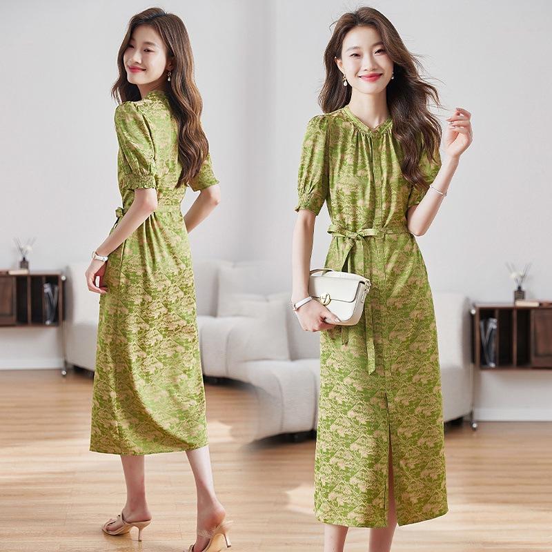 Jacquard dress summer women's clothing round neck split ends fashionable atmosphere thin long dress dress