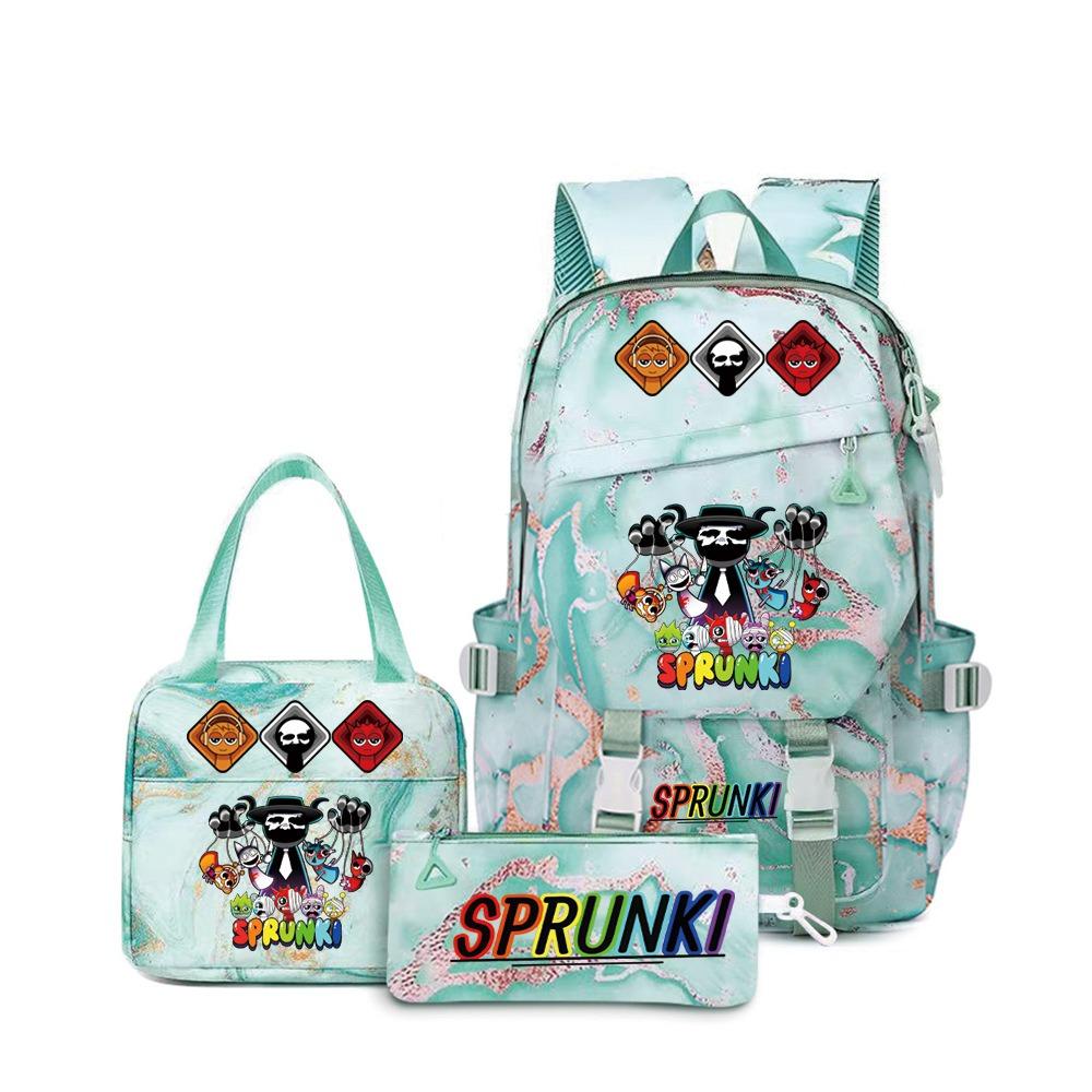 Around the box, elementary school bag sprunki cartoon backpack three-piece set D