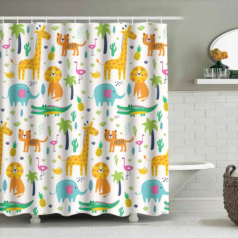 Conjunto de Cortina de Chuveiro Estampa Animal Desenho Animado Girafa Leão Elefante Hipopótamo Jacaré Tigre Rosa Cacto Plantas Verdes Decoração de Banho Multicolorido