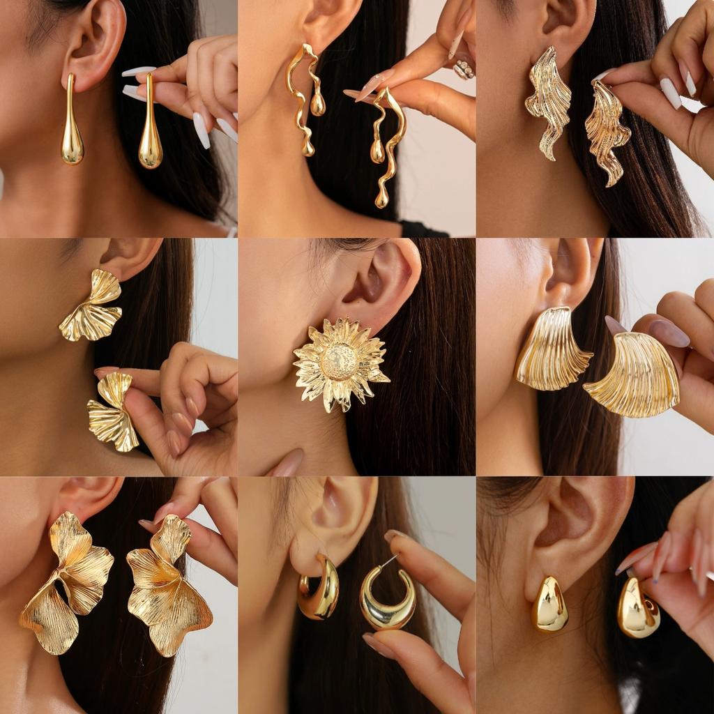 Hyperbole Long Water Droplet Flower Wing Round Wave Square Shell Golden Pendant Earrings for Women CCB Smooth Creative Jewelry