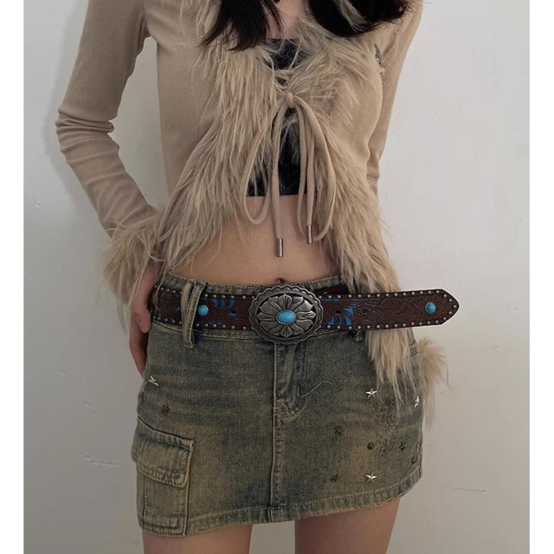 Vintage Bohemia Belt for Women Turquoise Embossed Buckle Decorative Belt Cowboy Belt for Female Cowgirl Jeans Waist Belt