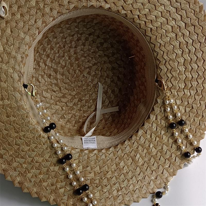 Diy Palm Leaf Straw Hat With Pearl Chain — Flat-Top Sun Hat | New Korean-Style Beach Hat With Elastic Band | Candy-Colored Sun
