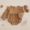 Baby Girl 2Pcs Fall Outfits Long Sleeve Solid Color Ruffle Romper with Headband Set Infant Clothes