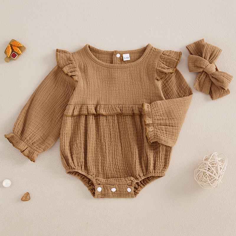 Baby Girl 2Pcs Fall Outfits Long Sleeve Solid Color Ruffle Romper with Headband Set Infant Clothes