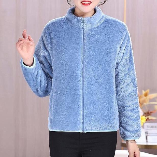 Women's Double-Sided Plush Fleece Cardigan Jacket with Stand Collar and Soft Shell for Warmth