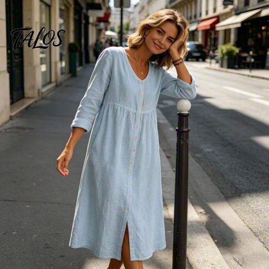 Polyester Summer Dress Midi for Women, Button Down Long Sleeve Mid-length Loose A-line Dress, Casual V Neck Flowy Vacation Outfits Women