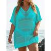 Plus-size Women's Beach Cover-up Polo-neck Top Loose Woven Shirt Sexy See-through Bikini Outerwear