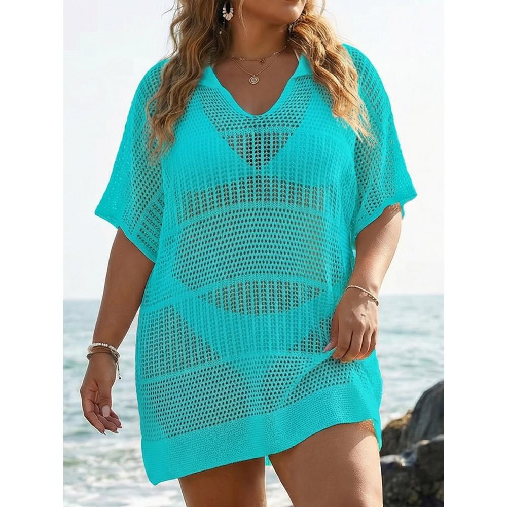 Plus-size Women's Beach Cover-up Polo-neck Top Loose Woven Shirt Sexy See-through Bikini Outerwear